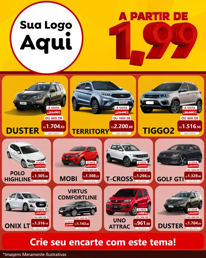 Modelo de Rede Social para Feed Instagram com o tema A Partir de Um e Noventa e Nove - 1,99 para Concessionaria de Carros