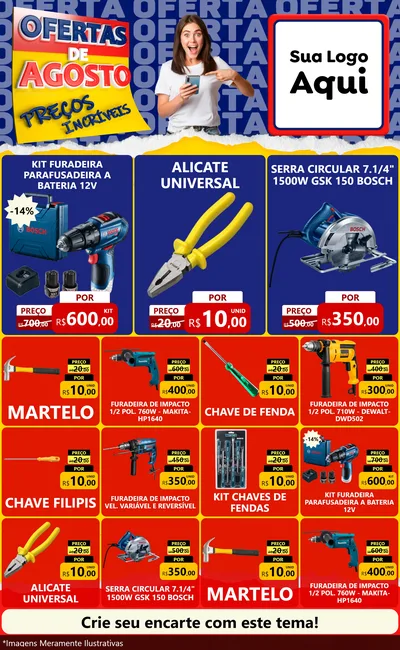 Modelo de Encarte para Encarte Grande com o tema Ofertas de Agosto - Preços Incríveis para Maquinas e Ferramentas