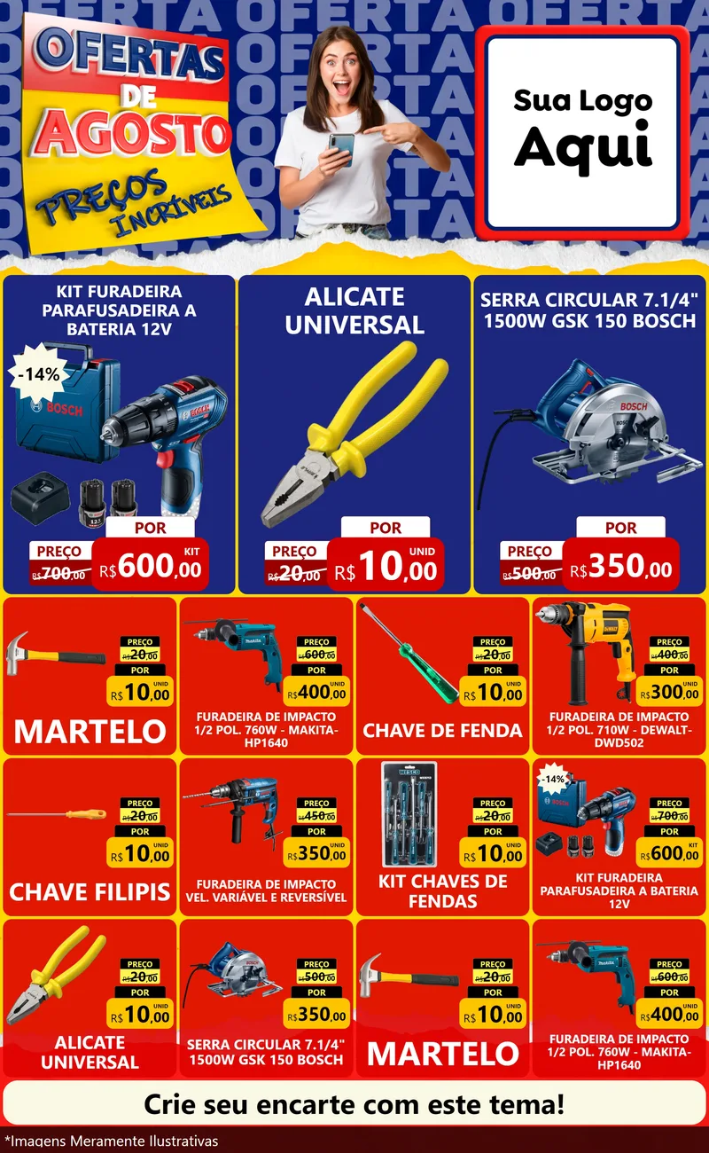 Modelo de Encarte para Encarte Grande com o tema Ofertas de Agosto - Preços Incríveis para Maquinas e Ferramentas