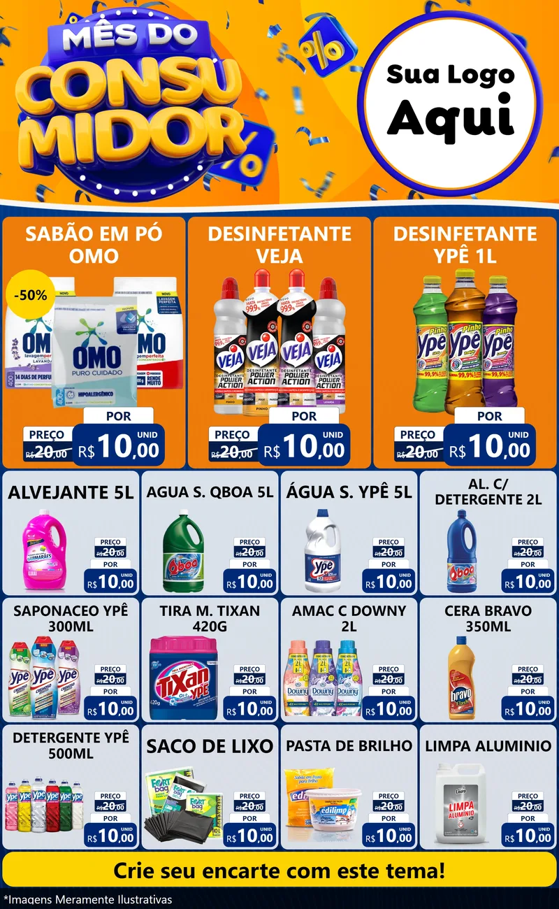 Modelo de Encarte para Encarte Grande com o tema Mês do Consumidor para Produtos de Limpeza