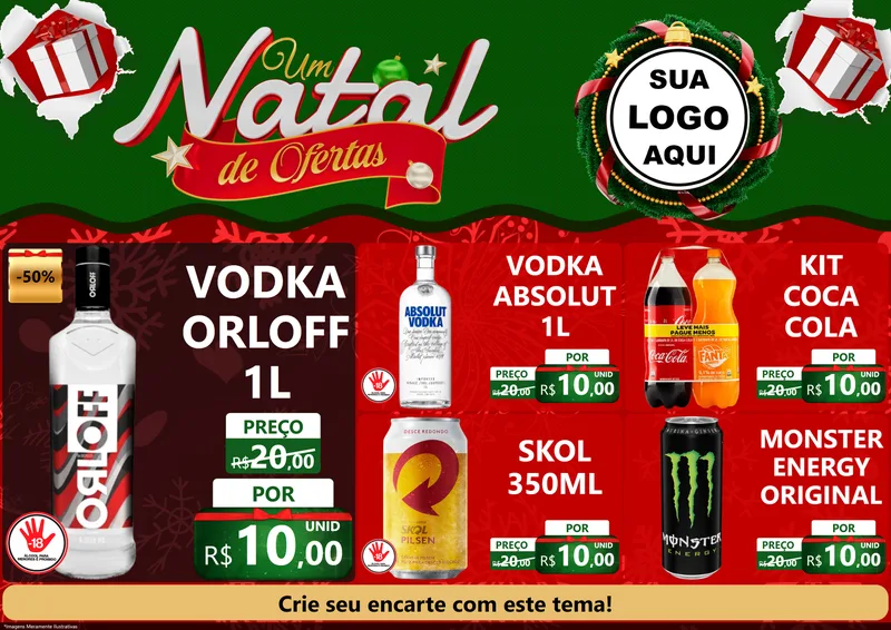 Modelo de Encarte para Encarte A4 Horizontal com o tema Um Natal de Ofertas para Distribuidora de bebidas