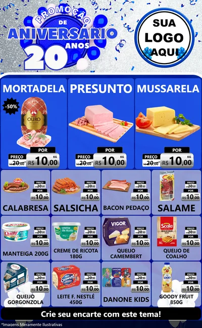 Modelo de Encarte para Encarte Grande com o tema Promoção de Aniversário - 20 Anos para Frios e Laticínios