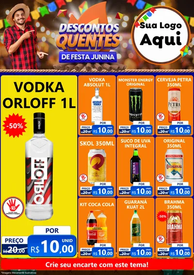 Modelo de Encarte para Encarte A4 Vertical com o tema Descontos Quentes de Festa Junina para Distribuidora de bebidas