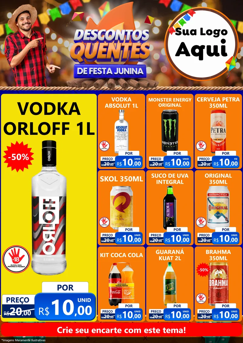 Modelo de Encarte para Encarte A4 Vertical com o tema Descontos Quentes de Festa Junina para Distribuidora de bebidas