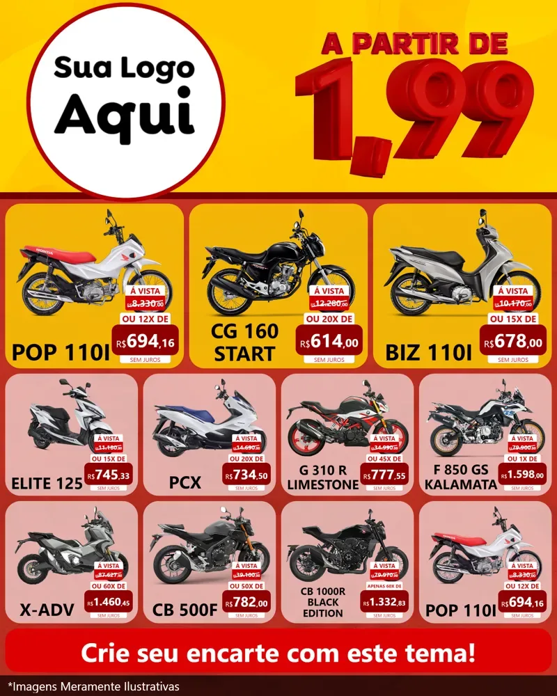 Modelo de Rede Social para Feed Instagram com o tema A Partir de Um e Noventa e Nove - 1,99 para Concessionaria de Motos