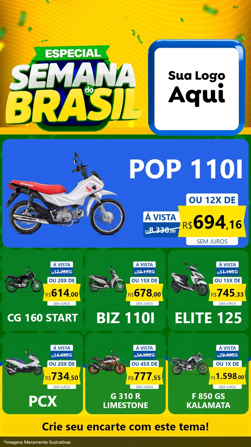 Modelo de Rede Social para Stories com o tema Especial Semana do Brasil para Concessionaria de Motos