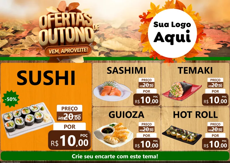 Modelo de Encarte para Encarte A4 Horizontal com o tema Ofertas de Outono - Vem, Aproveite! para Comida japonesa