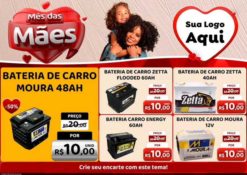 Modelo de Encarte para Encarte A4 Horizontal com o tema Mês das Mães para Baterias Elétricas