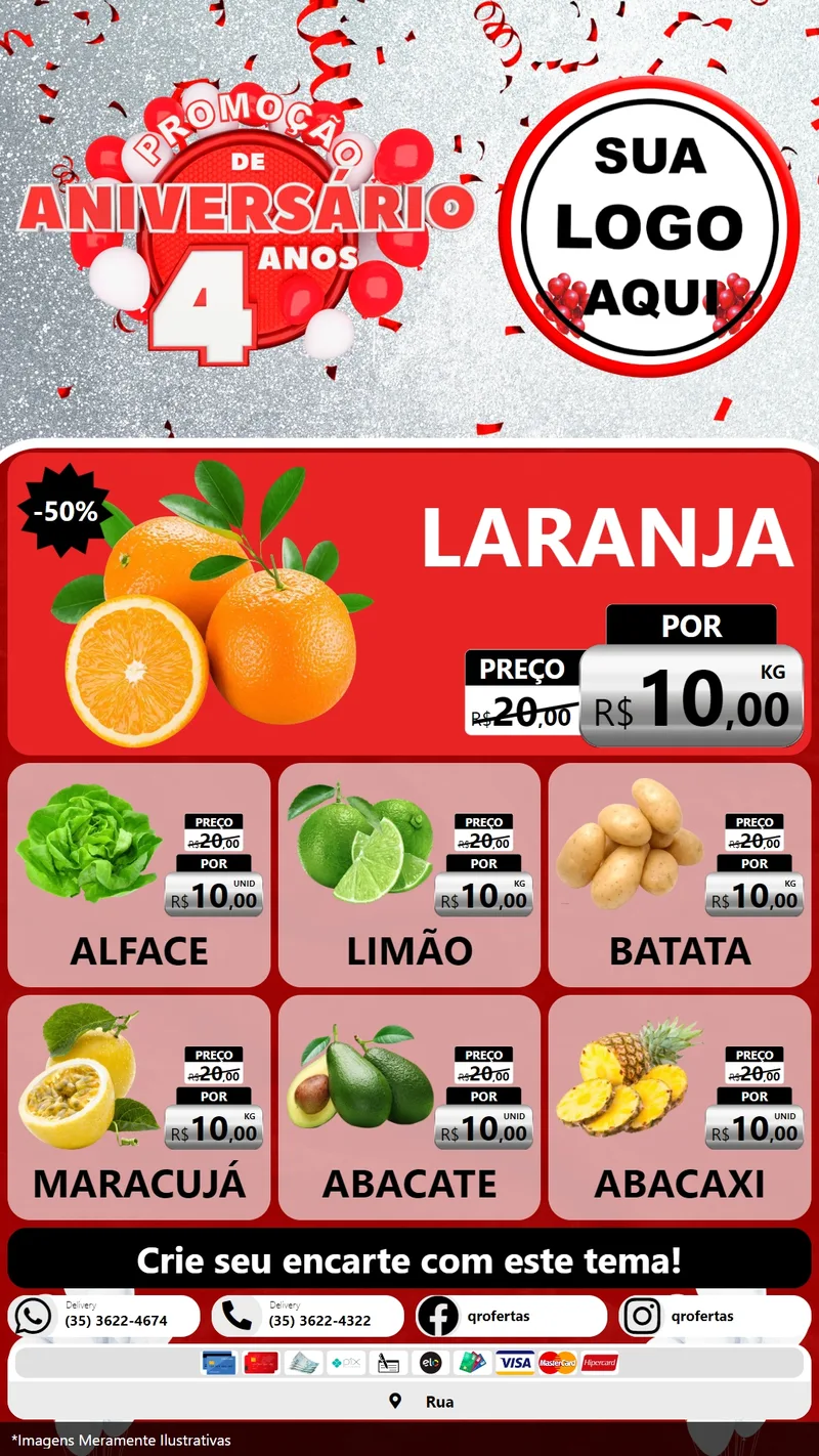Modelo de Rede Social para Stories com o tema Promoção de Aniversário - 4 Anos para Hortifrúti