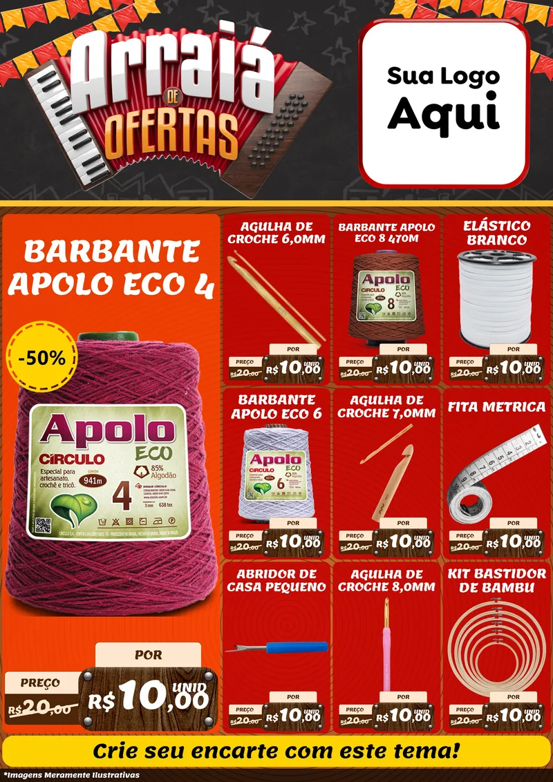 Modelo de Encarte para Encarte A4 Vertical com o tema Arraiá de Ofertas - Junina para Armarinho e Aviamentos