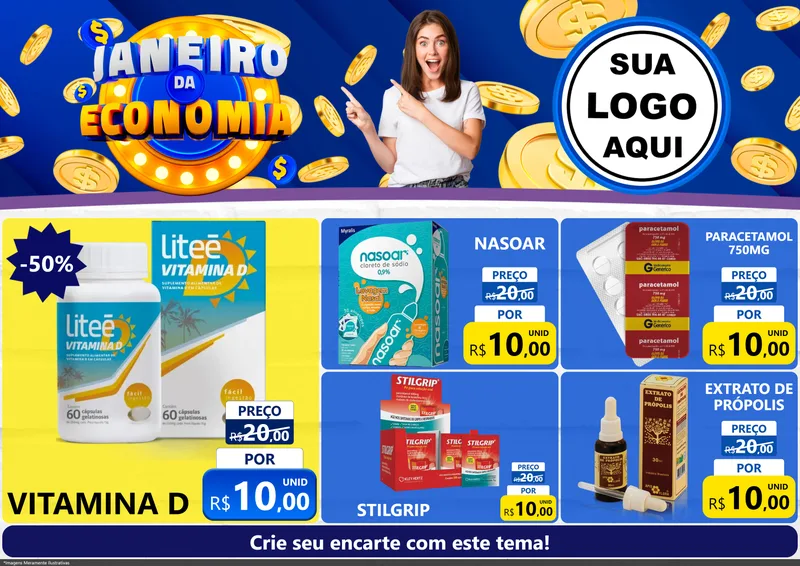 Modelo de Encarte para Encarte A4 Horizontal com o tema Janeiro da Economia para Farmácia