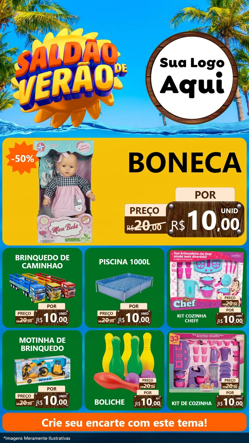 Modelo de Rede Social para Stories com o tema Saldão de Verão para Brinquedos