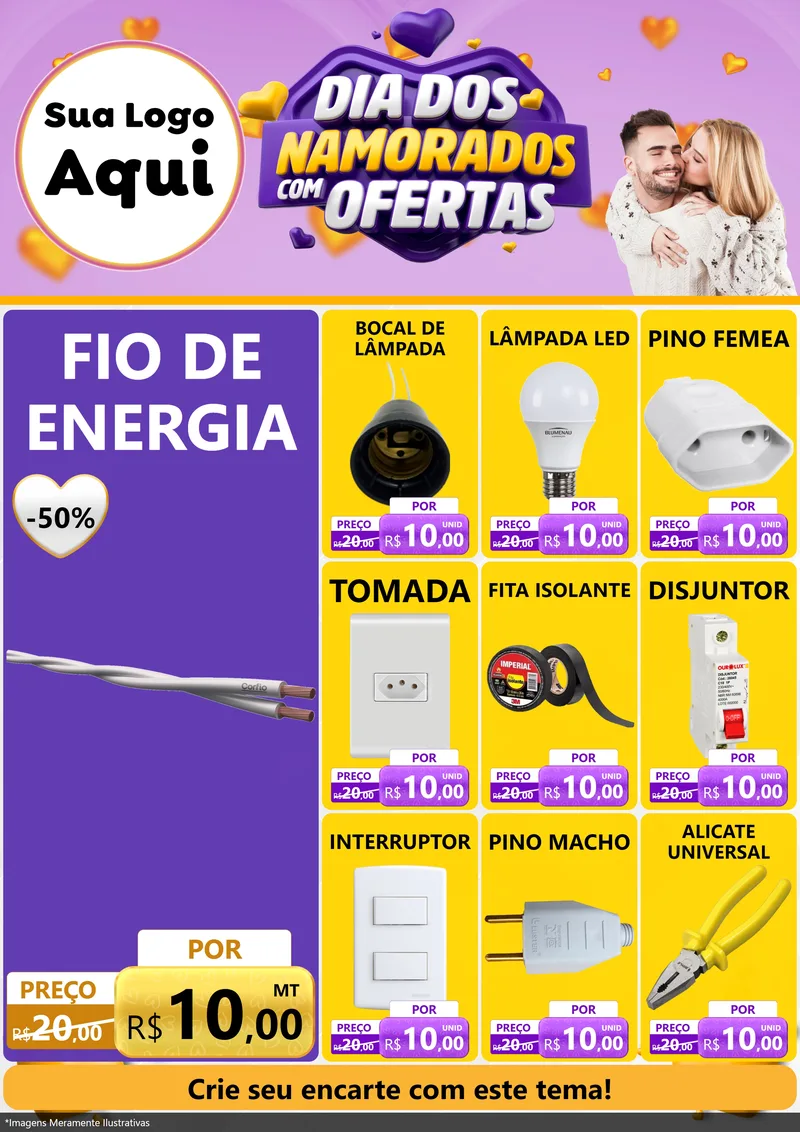 Modelo de Encarte para Encarte A4 Vertical com o tema Dia Dos Namorados Com Ofertas para Materiais Elétricos
