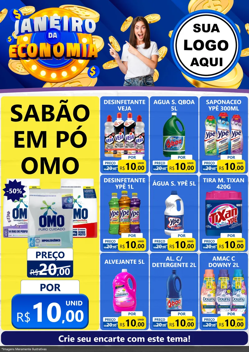 Modelo de Encarte para Encarte A4 Vertical com o tema Janeiro da Economia para Produtos de Limpeza