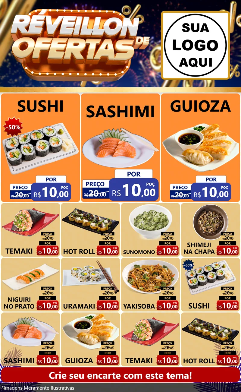 Modelo de Encarte para Encarte Grande com o tema Réveillon de Ofertas para Comida japonesa