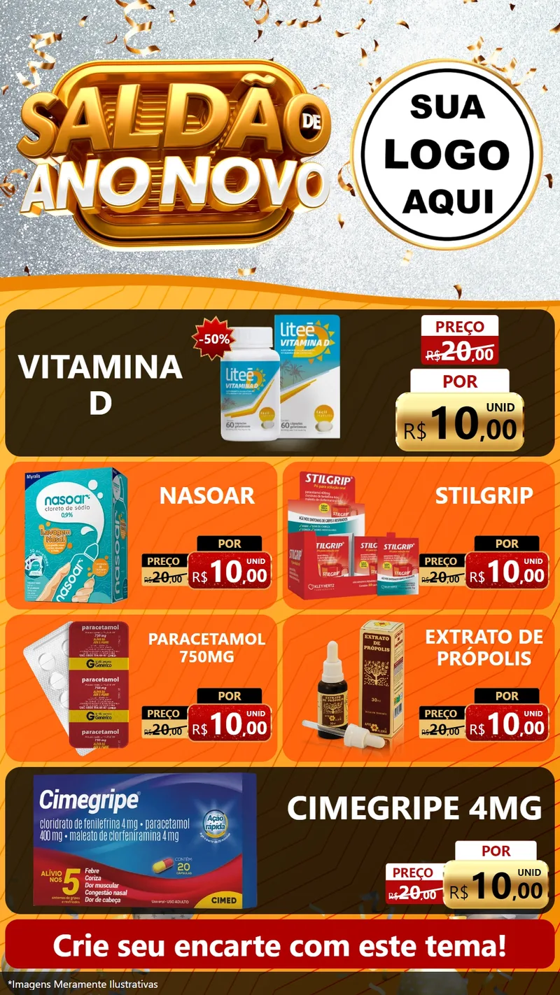Modelo de TV para TV Vertical com o tema Saldão de Ano Novo para Farmácia