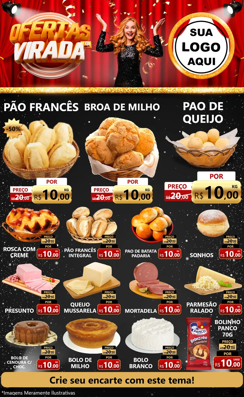 Modelo de Encarte para Encarte Grande com o tema Ofertas da Virada para Padaria