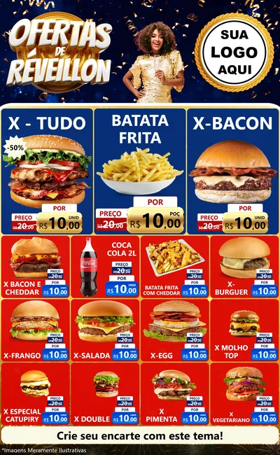 Modelo de Encarte para Encarte Grande com o tema Ofertas de Réveillon para Hamburgueria