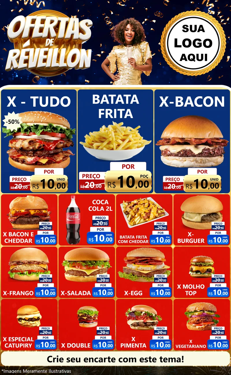 Modelo de Encarte para Encarte Grande com o tema Ofertas de Réveillon para Hamburgueria