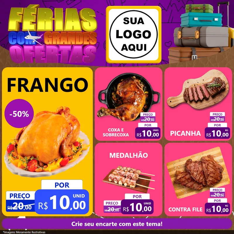 Modelo de Rede Social para Feed Facebook com o tema Férias com Grandes Ofertas para Assados