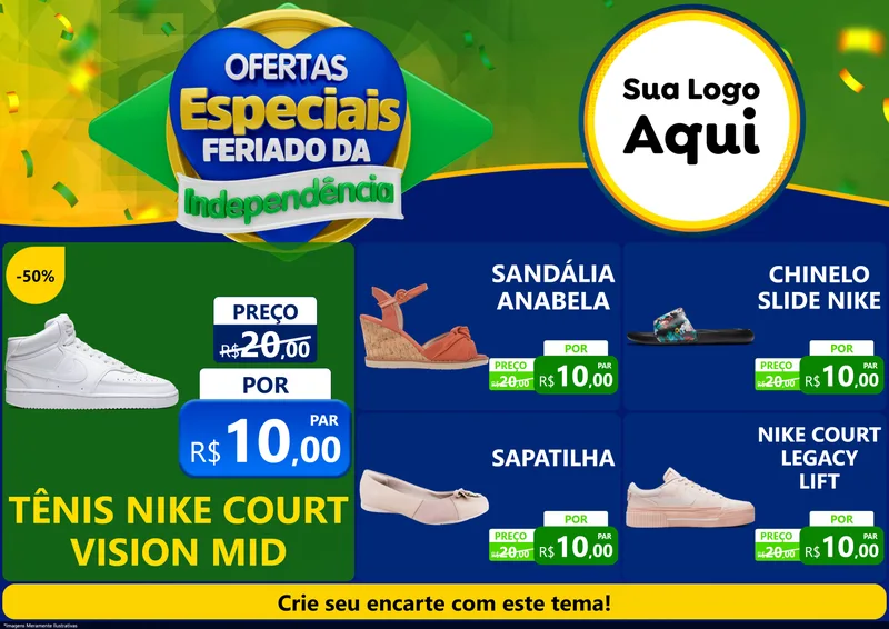 Modelo de Encarte para Encarte A4 Horizontal com o tema Ofertas Especiais Feriado da Independência para Calçados