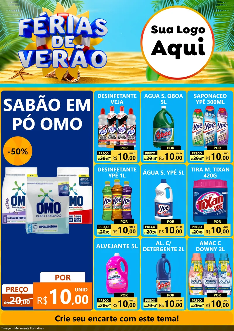 Modelo de Encarte para Encarte A4 Vertical com o tema Férias de Verão para Produtos de Limpeza