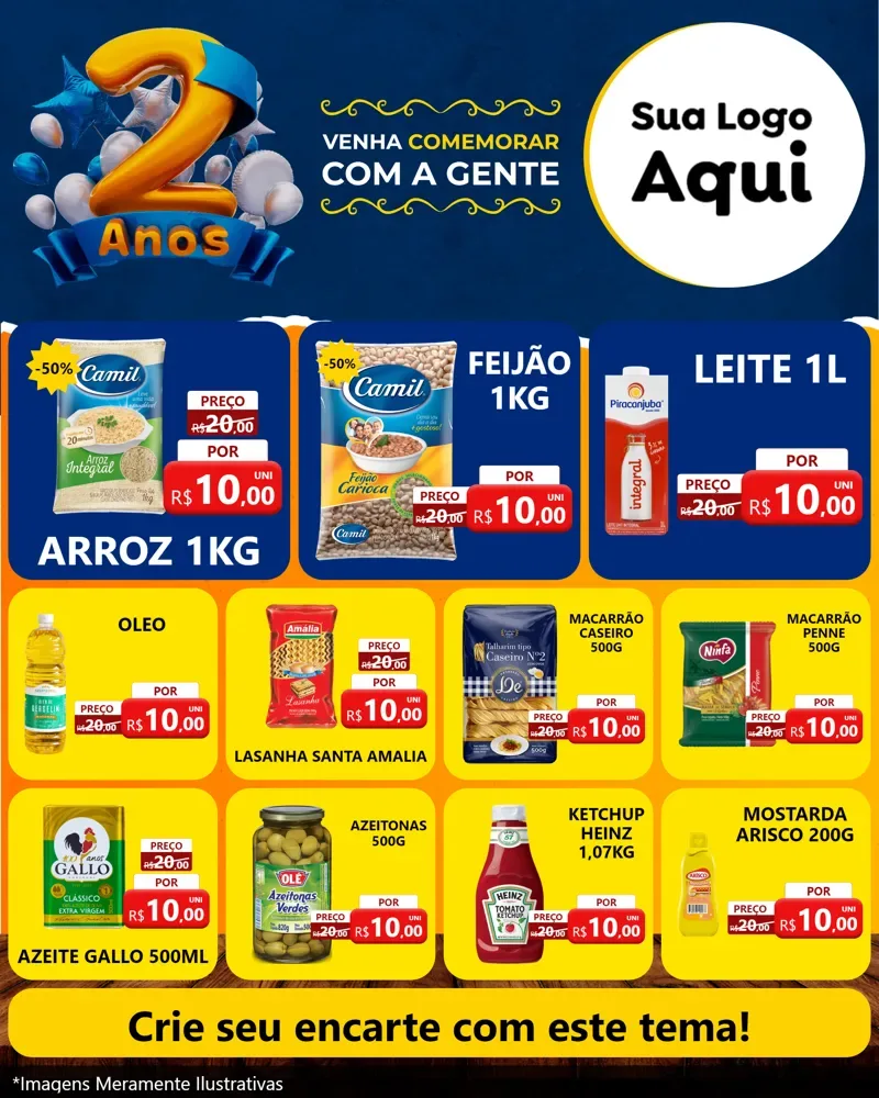Modelo de Rede Social para Feed Instagram com o tema Aniversário de 2 anos para Supermercado