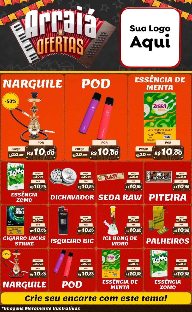 Modelo de Encarte para Encarte Grande com o tema Arraiá de Ofertas - Junina para Tabacaria