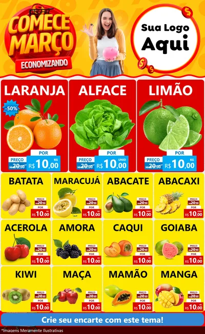 Modelo de Encarte para Encarte Grande com o tema Comece Março Economizando para Hortifrúti