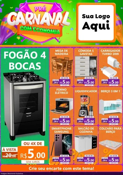 Modelo de Encarte para Encarte A4 Vertical com o tema Pré-Carnaval Com Economia para Móveis e Eletro