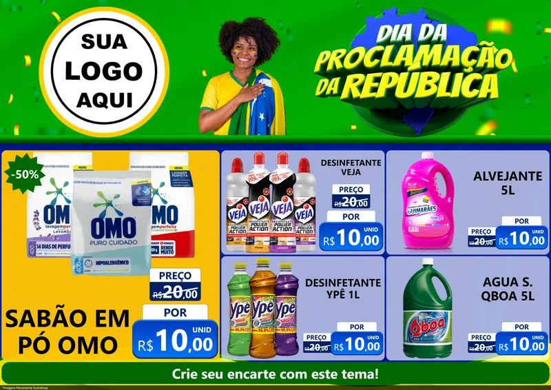 Modelo de Encarte para Encarte A4 Horizontal com o tema Dia Da Proclamação Da República para Produtos de Limpeza
