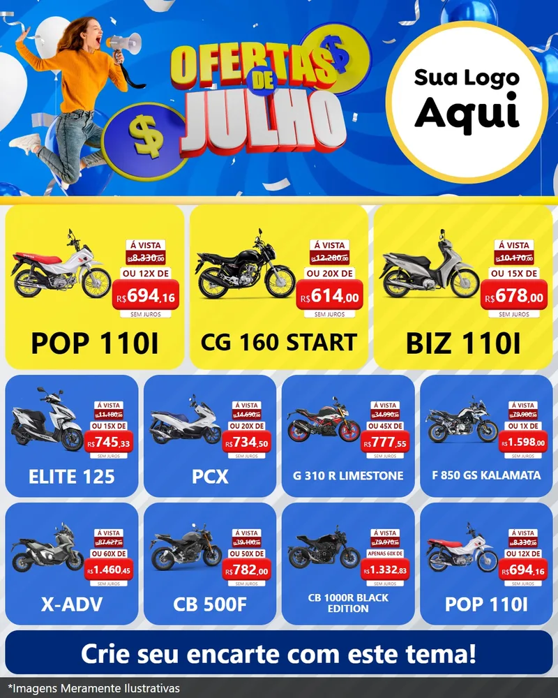 Modelo de Rede Social para Feed Instagram com o tema Ofertas de Julho para Concessionaria de Motos