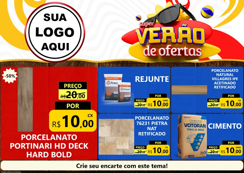 Modelo de Encarte para Encarte A4 Horizontal com o tema Super Verão de Ofertas para Pisos e revestimentos