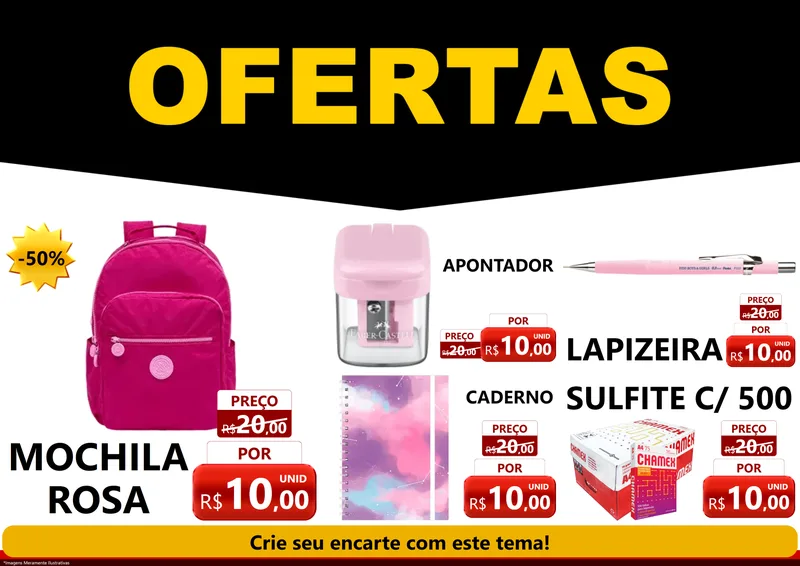 Modelo de Encarte para Encarte A4 Horizontal com o tema Ofertas Preto e Vermelho Cartaz para Papelaria