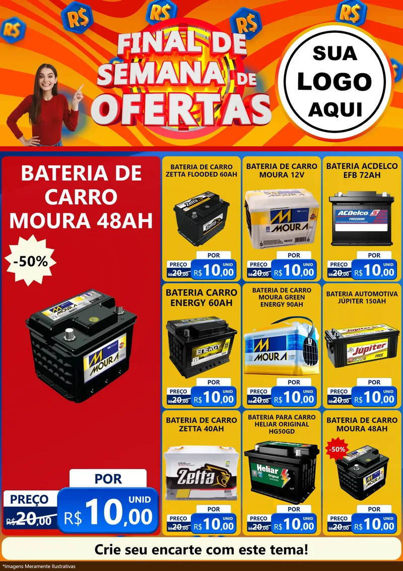 Modelo de Encarte para Encarte A4 Vertical com o tema Final de Semana de Ofertas para Baterias Elétricas