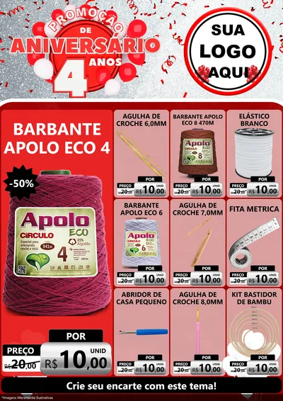 Modelo de Encarte para Encarte A4 Vertical com o tema Promoção de Aniversário - 4 Anos para Armarinho e Aviamentos