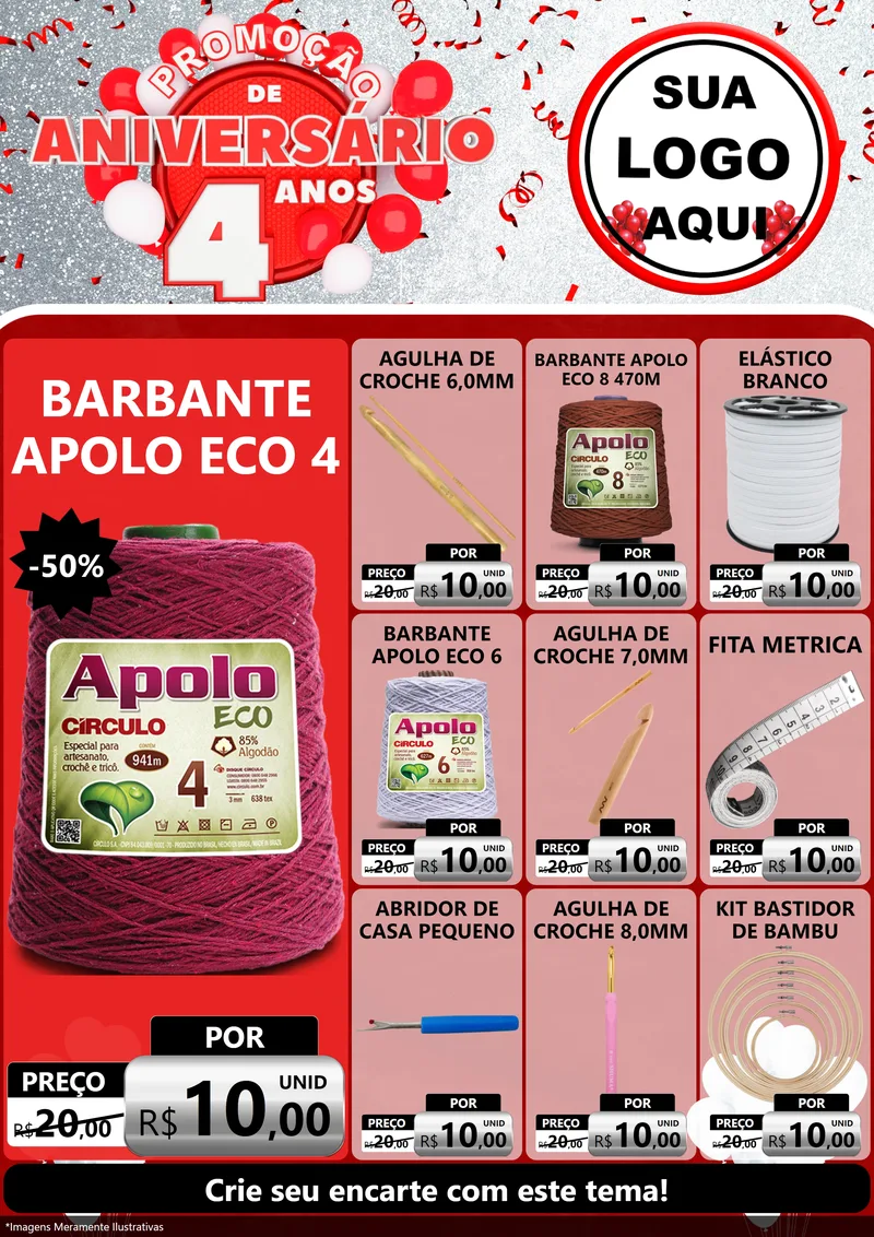 Modelo de Encarte para Encarte A4 Vertical com o tema Promoção de Aniversário - 4 Anos para Armarinho e Aviamentos
