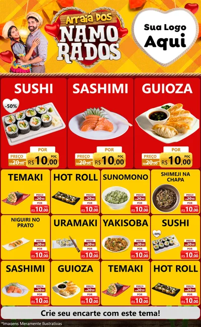 Modelo de Encarte para Encarte Grande com o tema Arraiá dos Namorados para Comida japonesa