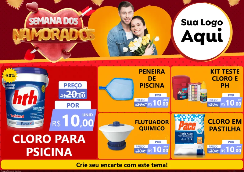 Modelo de Encarte para Encarte A4 Horizontal com o tema Semana dos Namorados para Produtos para Piscina