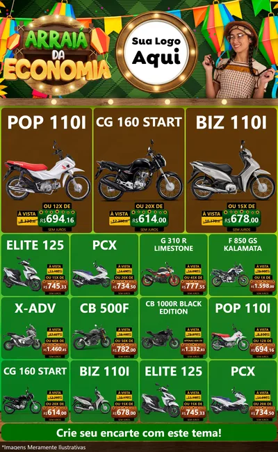 Modelo de Encarte para Encarte Grande com o tema Arraiá de Economia para Concessionaria de Motos