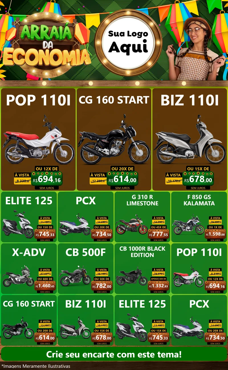 Modelo de Encarte para Encarte Grande com o tema Arraiá de Economia para Concessionaria de Motos