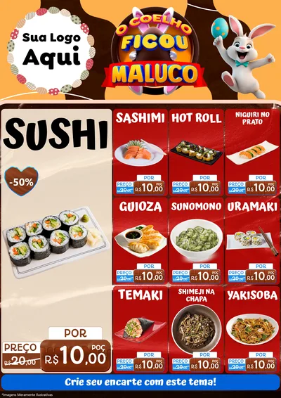 Modelo de Encarte para Encarte A4 Vertical com o tema O Coelho Ficou Maluco - Páscoa para Comida japonesa