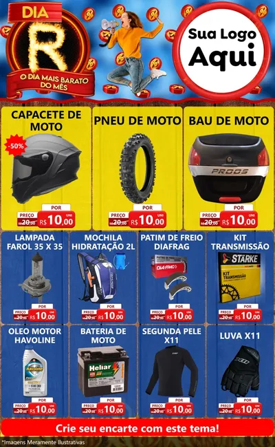 Modelo de Encarte para Encarte Grande com o tema Dia R - O Dia Mais Barato Do Mês para Moto peças