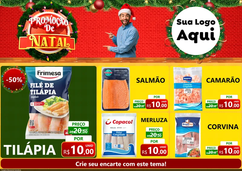 Modelo de Encarte para Encarte A4 Horizontal com o tema Promoção de Natal para Peixaria