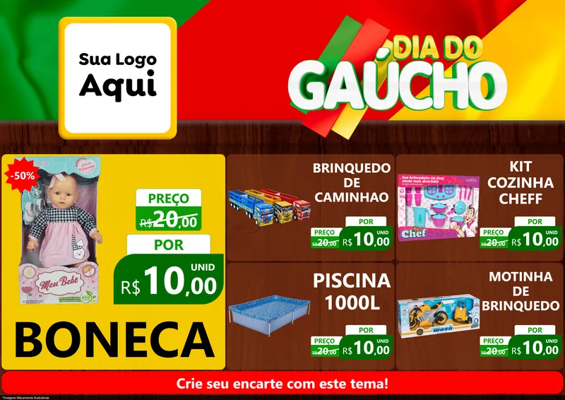 Modelo de Encarte para Encarte A4 Horizontal com o tema Dia do Gaúcho para Brinquedos