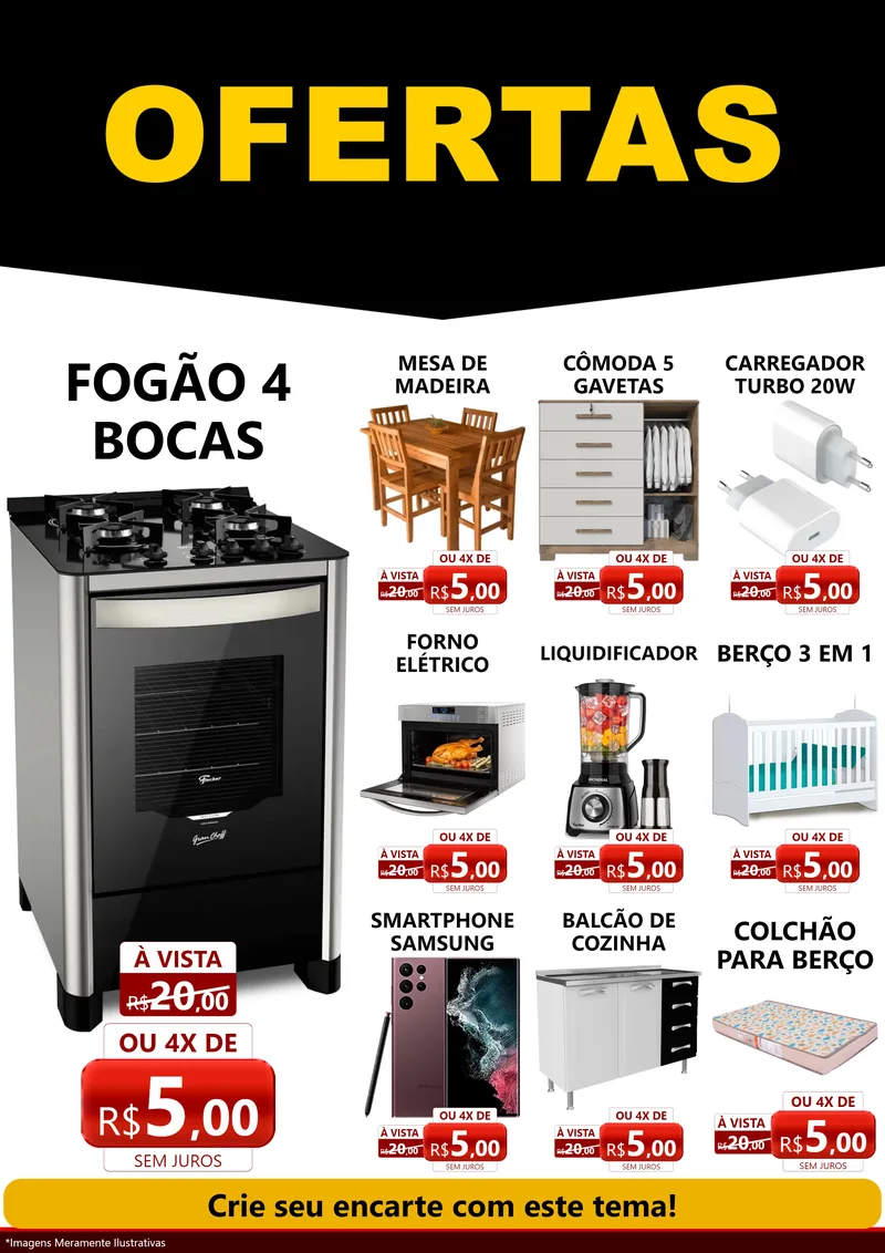 Modelo de Encarte para Encarte A4 Vertical com o tema Ofertas Preto e Vermelho Cartaz para Móveis e Eletro