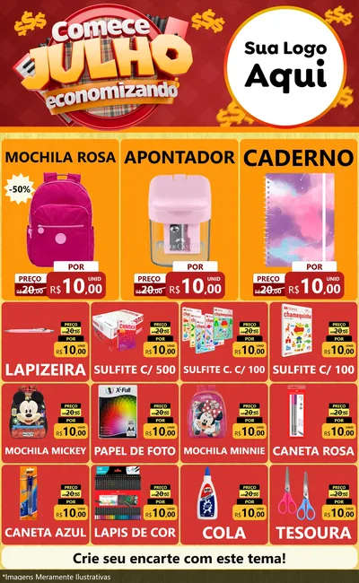 Modelo de Encarte para Encarte Grande com o tema Comece Julho Economizando para Papelaria