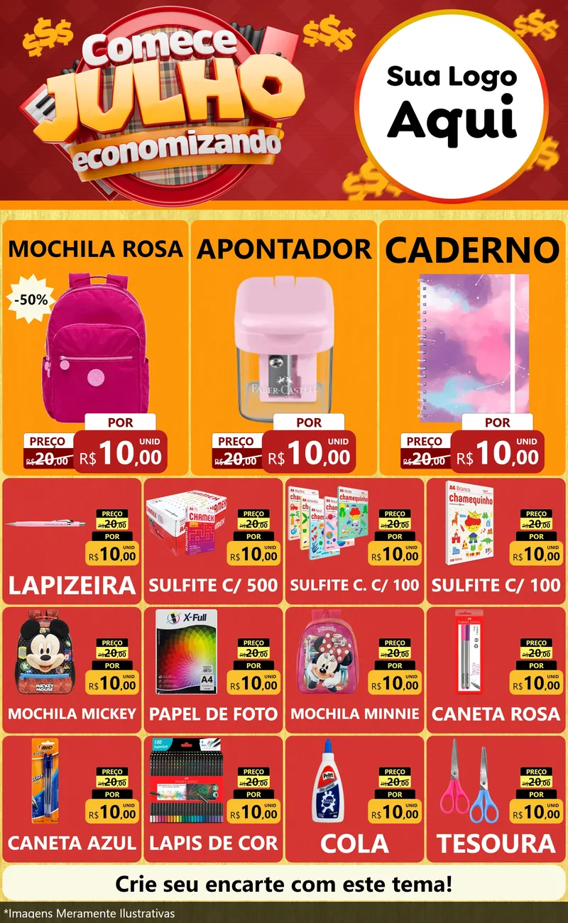 Modelo de Encarte para Encarte Grande com o tema Comece Julho Economizando para Papelaria