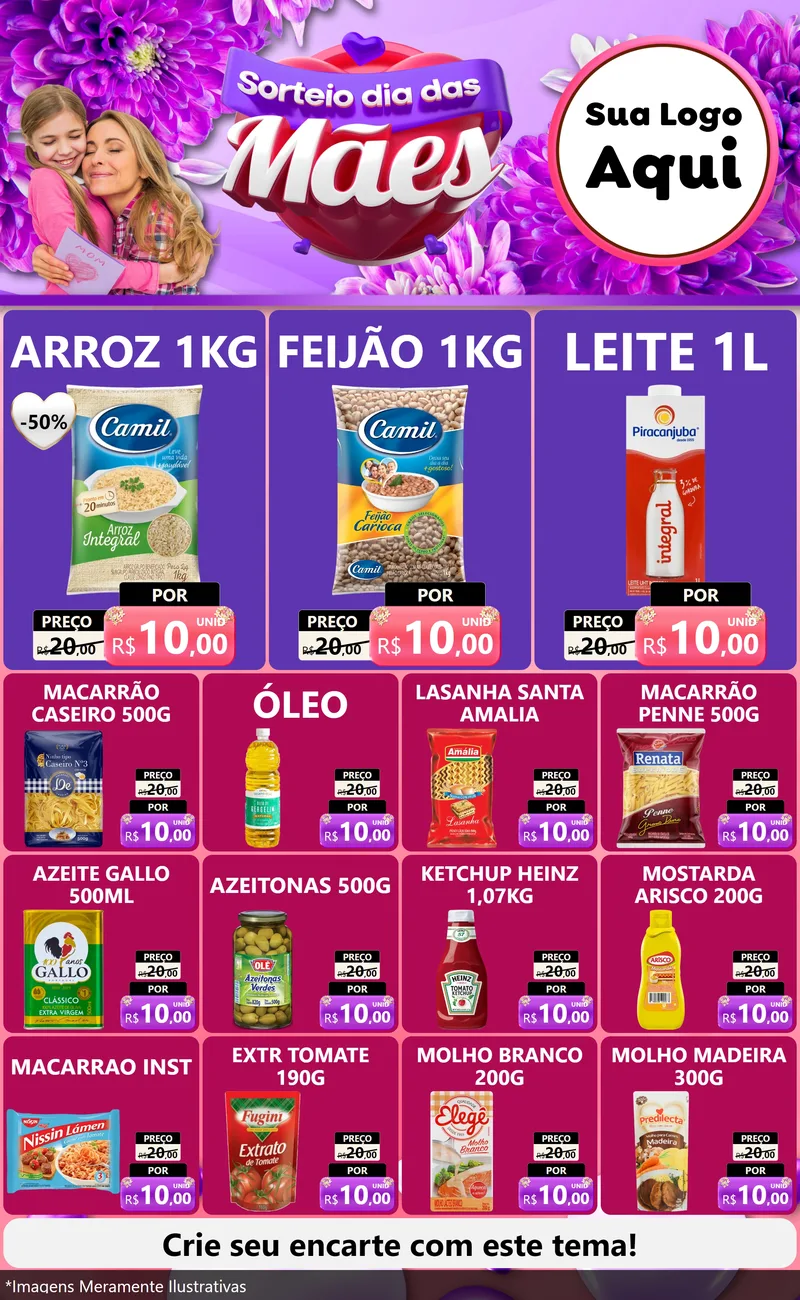 Modelo de Encarte para Encarte Grande com o tema Sorteio Dia das Mães para Supermercado