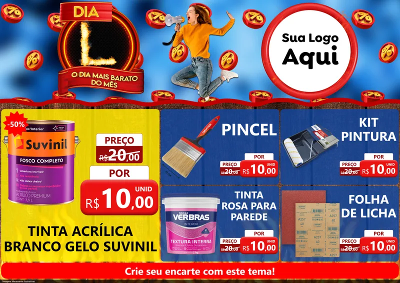 Modelo de Encarte para Encarte A4 Horizontal com o tema Dia L - O Dia Mais Barato Do Mês para Tintas e Ferramentas